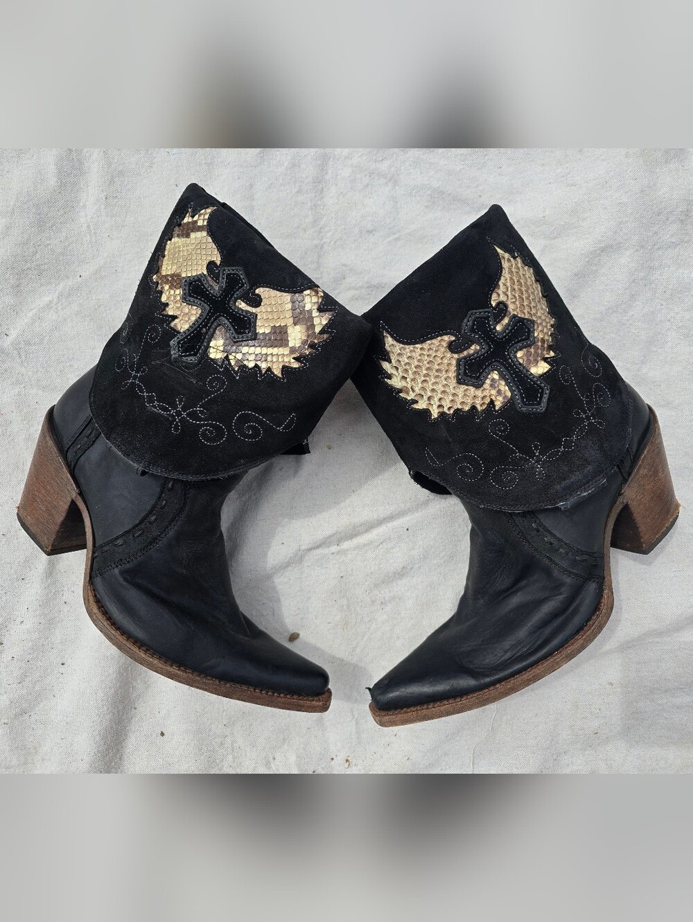 Black Western Convertible Heeled Boots with Gold Wing & Cross Detail